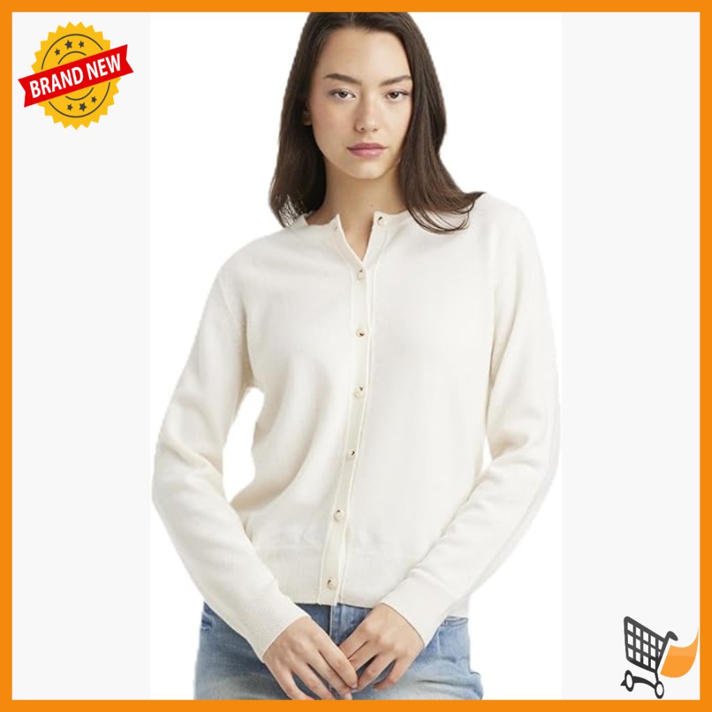 Wool Cashmere Cardigan Crew Neck Button Front Lightweight Sweater